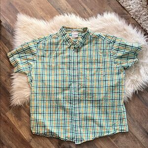 Columbia Rapid Rivers short sleeve shirt in a green, orange,blue plaid pattern